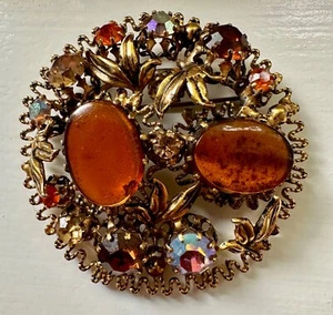Vintage Amber Crystal Cabochon Rhinestones Gold tone Brooch Signed MADE AUSTRIA - Picture 1 of 17