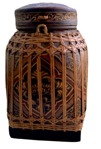 Hand Made Thai Basket - Painted Paper Mache & Bamboo - 18 Inches Large Vintage Cover