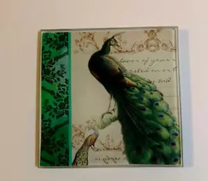 Glass Peacock Drink Coasters Set of 8 Size 3 1/2 inch square Art Green French - Picture 1 of 3
