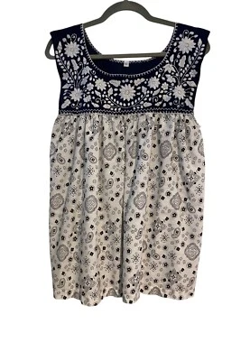 Top sin marca para mujer L sin mangas azul marino blanco bordado floral cachemir artístico Foto 1 de 4