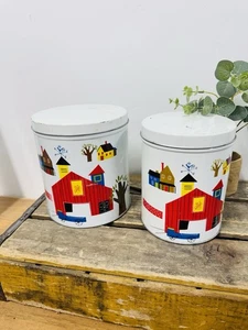 Vintage 1940s DECOWARE Tin Metal 2 Canister Set Kitchen Decor Barn Yard - Picture 1 of 3
