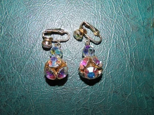 50s AB RHINESTONE DANGLE DISCO BALL CLIP EARRINGS GOLD TONE VINTAGE - Picture 1 of 2