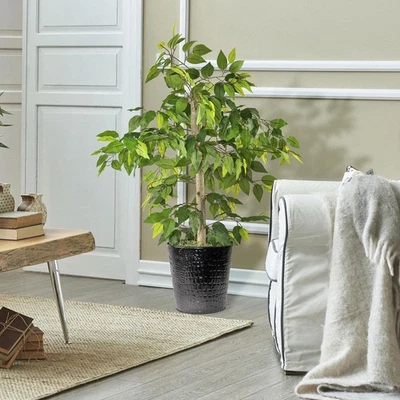 Maceta redonda LCG SLES árbol de ficus artificial de 4' de plástico en metal negro martillado Foto 1 de 4