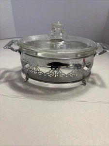 Vintage ovale Pyrex Kasserolle mit Deckel & Metallfuß Servierschale mit Griffen - Bild 1 von 5