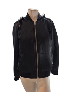 Pam & Gela Women's Jacket Medium Black Corset Tie Full Zip Bomber - Picture 1 of 9