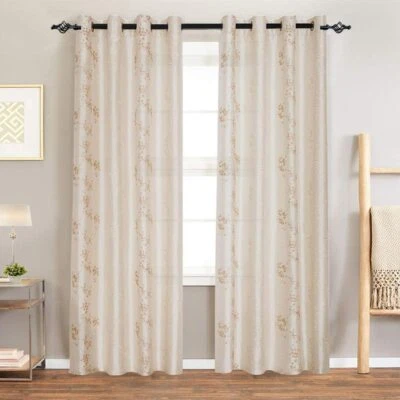 Cortina de ventana de seda sintética de lujo bordada floral para sala de estar 2 paneles Foto 1 de 4