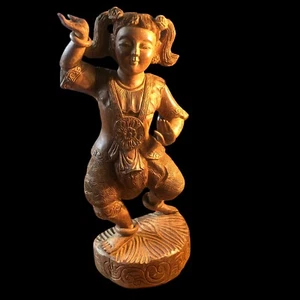 Antique Burmese Thai Girl Dancer Hand Carved Wood Figure Statue Wooden Ornate - Picture 1 of 11