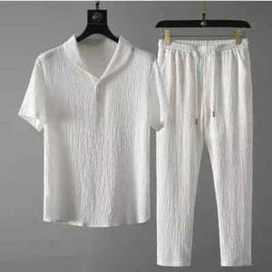 Summer Ultra-thin Linen Suit Mens Cotton Linen 2-piece Set Loose-fit Sports Wear - Picture 1 of 15