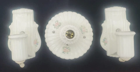 Set Art Deco Floral porcelain Sconce lamps with matching Round Ceiling fixture Cover