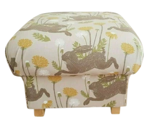 Clarke March Hare Linen Fabric Footstool Pouffe Hares Mustard Natural Footstall - Picture 1 of 24