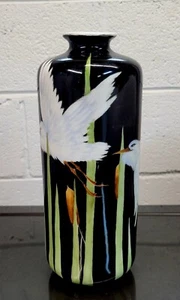 Contemporary Modern Vintage Painted Glass Vase Vessel W Birds Signed 1980s - Picture 1 of 7
