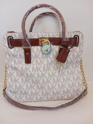 全新无标签 Michael Kors Hamilton 钱包,信使包 大号 皮革 象牙色 褐色 金色 — 第 1/4 张图片