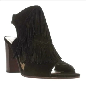 Sandalias Sam Edelman Elaine negras de gamuza con flecos punta abierta tacón bloque tacón de 3,5" - Imagen 1 de 14