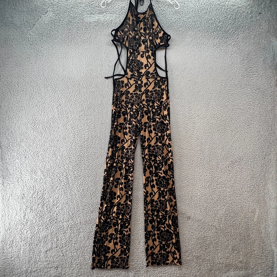 Vintage Continental NYC Halter Jumpsuit Womens Small Y2K Burnout Velvet Floral - Image 1 of 4