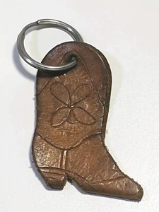 Leather Boot Keychain Fob Brown Hand Crafted Tooled Double Sided 3" Vintage - Picture 1 of 6