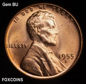 Moneda de cobre centavo rojo brillante 1955 D Lincoln Wheat BU sin circular - Imagen 1 de 5