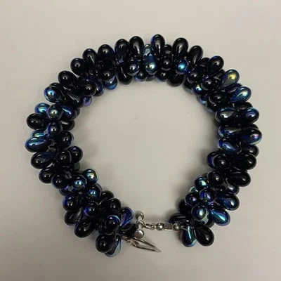 925 Sterling Silver Bracelet Blue Black Sea Glass Tear Drop Beads Iridescent - Image 1 of 4