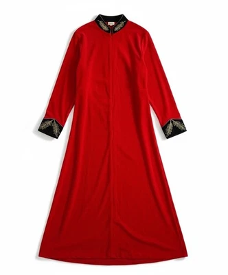 Vintage Davero Red Velour Maxi Caftan Dress Women’s XL 1/4 Zip Gold Embroidery - Image 1 of 4