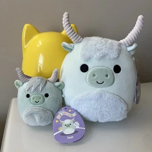 NWT Squishmallows Easter Set Of 2 - Iver Mint green Highland Cow Capsule 4” & 8” - Picture 1 of 14
