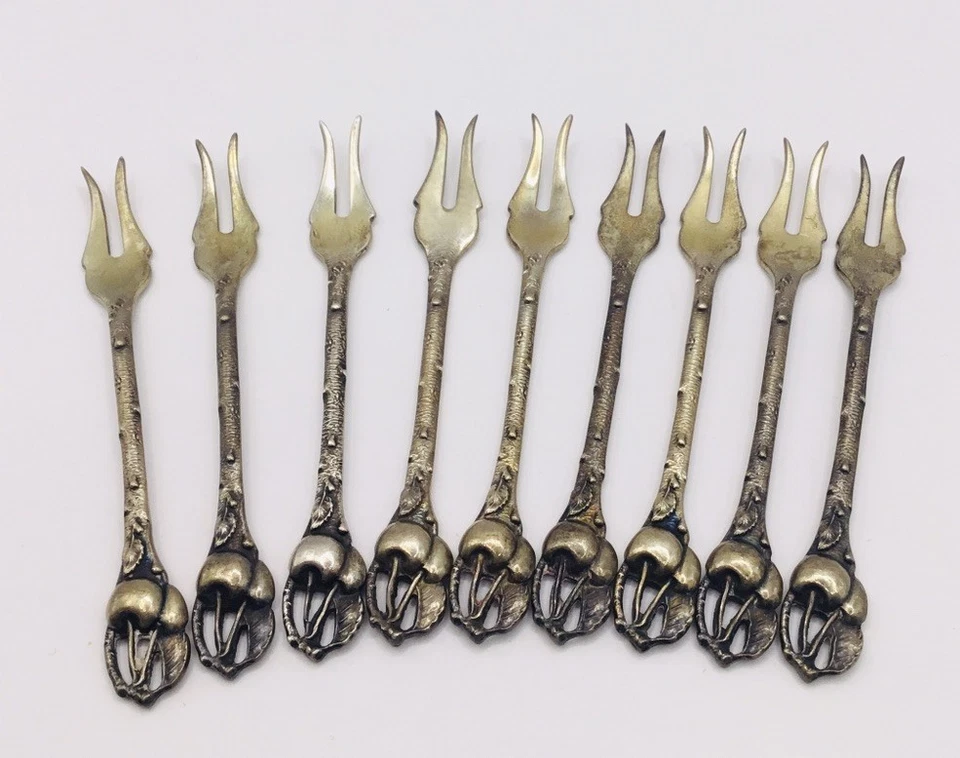 复古樱桃叉 9 件套九鸡尾酒叉 Watson Co 纯银 1920 — 第 1/4 张图片