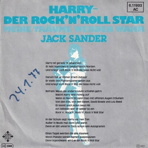 7" Si JACK SANDER / Harry - der Rock´n Roll Star / Meine Träume... 1977 - Bild 1 von 6