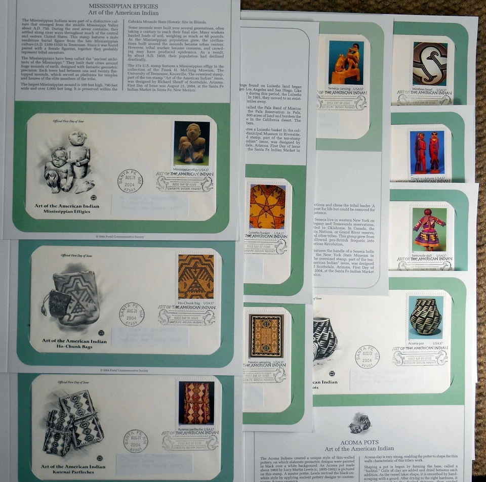 2004 Art of American Indian 10 designs Sc 3873a-j 10 FDCs with PCS cachet pages - Image 1 of 4