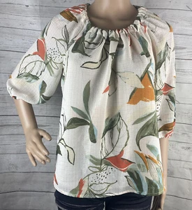 A New Day Bluse klein strukturiert elfenbein bunt Paradiesvogel Blumenmuster Top - Bild 1 von 12