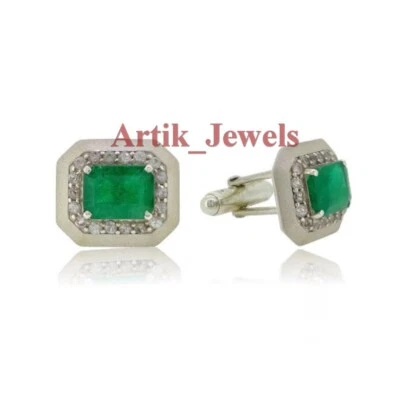 Simulierte Smaragd Edelstein Mit 14K Weiß Vergoldet Silber Manschettenknopf #659 - Bild 1 von 4