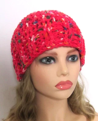 HANDMADE   BEANIE HAT CAP  CHEMO  TEXTURED EDGE RED MULTI  CROCHET ACRYLIC - Image 1 of 3