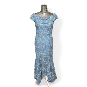 Xscape Fairy Blue Lace Beaded Mermaid Hem Dress 12 Formal Prom Gown Elegant Glam - Picture 1 of 8