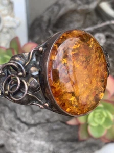 Bracciale Vintage Argento Sterling ENORME Autentico Vecchio Miele Baltico Ambra 30 Grammi 7" - Foto 1 di 24