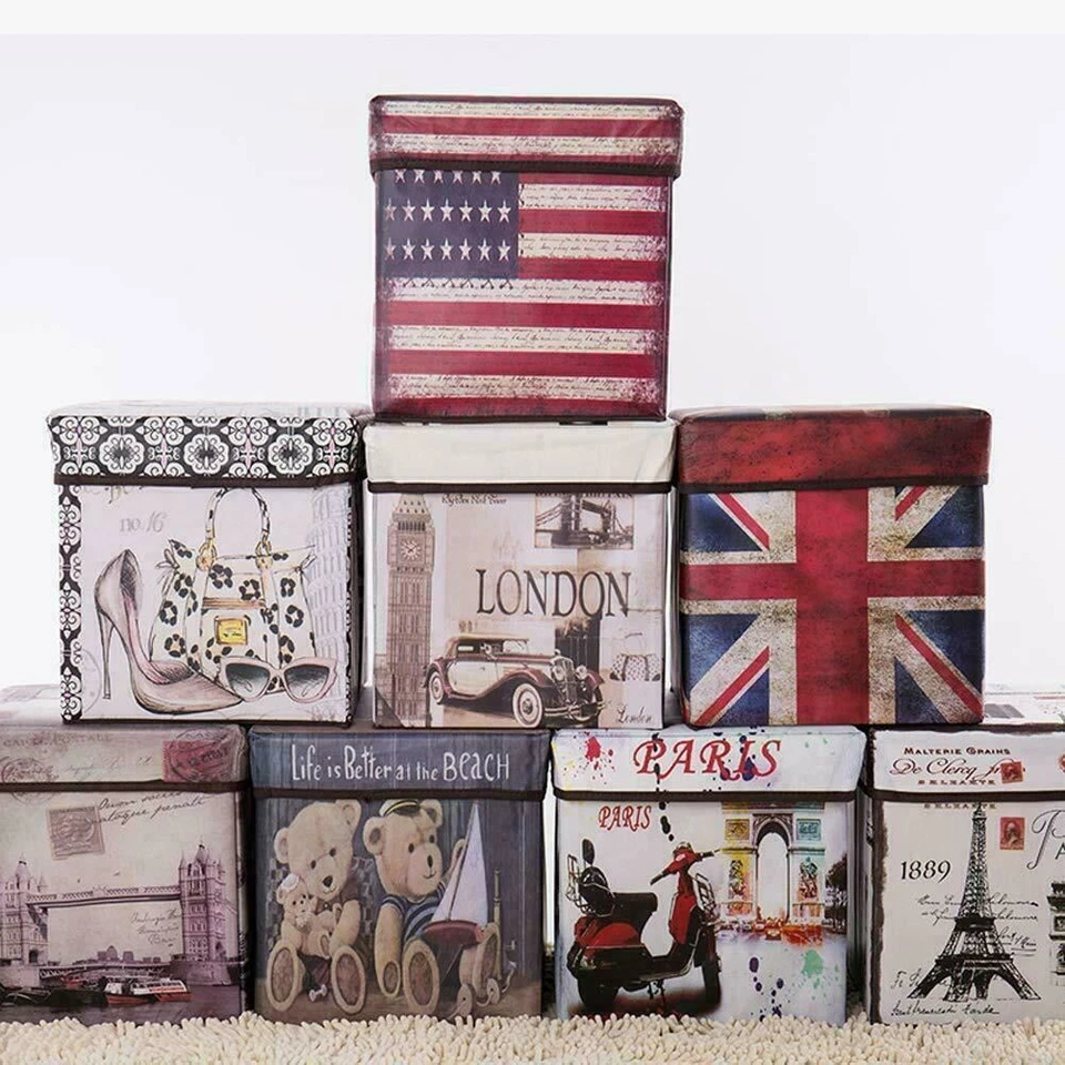 Home Modern Folding Storage Box Pouffe Seat Foot Stool Cube Ottoman Toy With Lid - Image 1 of 4
