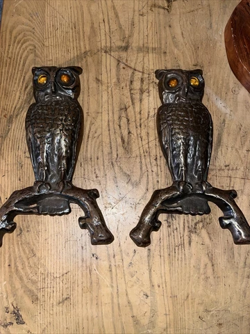 Pair of Cast Iron Yellow Glass Eye Owl Fireplace Andirons Brass Finish Cover