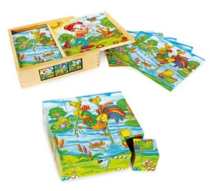 Puzzle a cubi in legno grande 16 dadi Mondo di Lotte altalena animali cane gallo - Foto 1 di 1