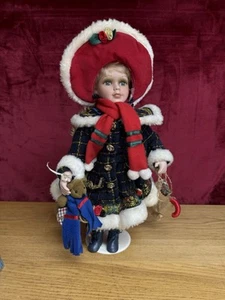 Vintage Porcelain Doll Christmas Shopping Coat Boots Teddy Parcels Blonde 16" - Picture 1 of 15