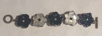 AMY KAHN RUSSELL 925 Sterling Silver Flowers MOP Obsidian Toggle Bracelet AKR  - Image 1 of 4