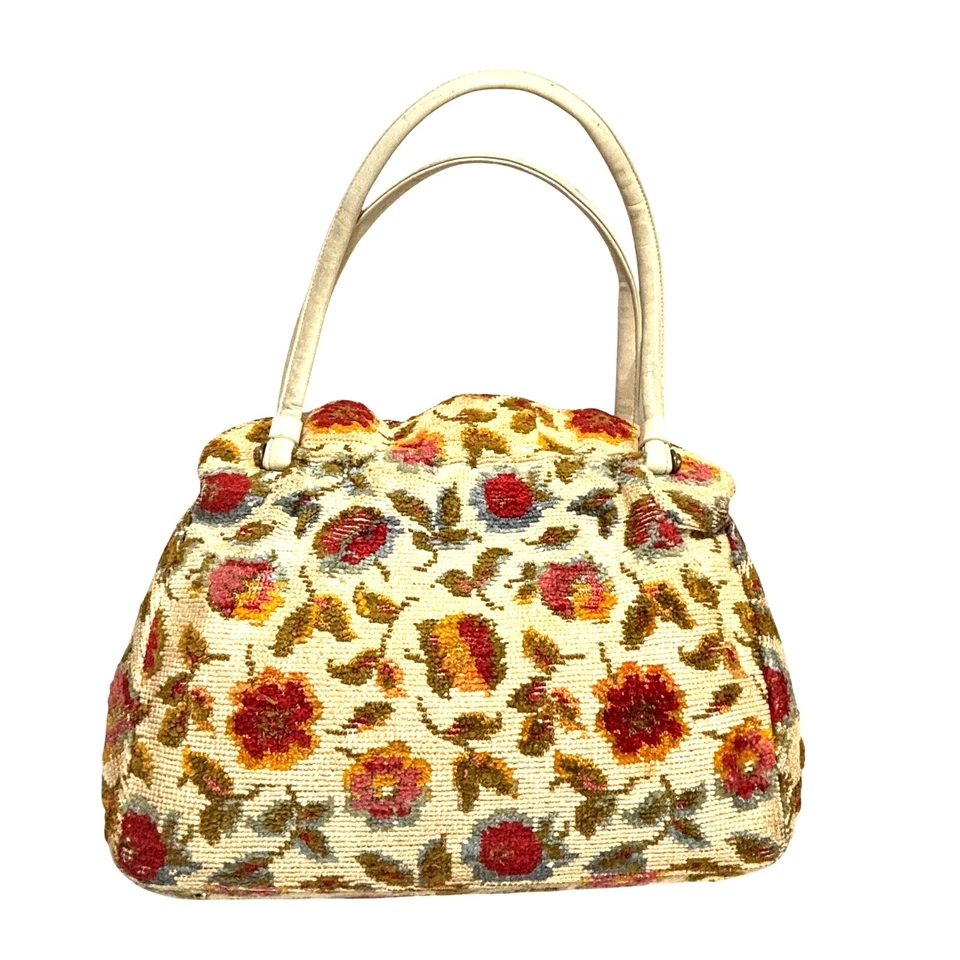 Bolso de mano vintage tapiz de aguja bolsillo libro beige floral abuela Boho Foto 1 de 4