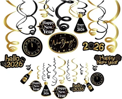 30Ct Feliz Año Nuevo Colgante Remolino Decoraciones, 2026 Año Nuevo Brillo Dorado...  Foto 1 de 4