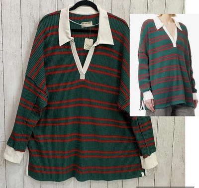 Free People We The Free Striped Travis Polo Large Forest Combo Oversized $88 NWT - Image 1 of 4