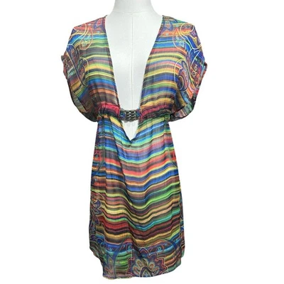 Becca by Rebecca Virtue Chiffon Tunic Swim Cover Up Tie Back BOHO Colorful XS/S - Image 1 of 4