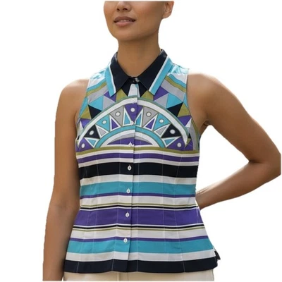 Blusa sin mangas de seda VALE LA PENA talla 12 estampado geométrico Art Deco colorido Foto 1 de 4