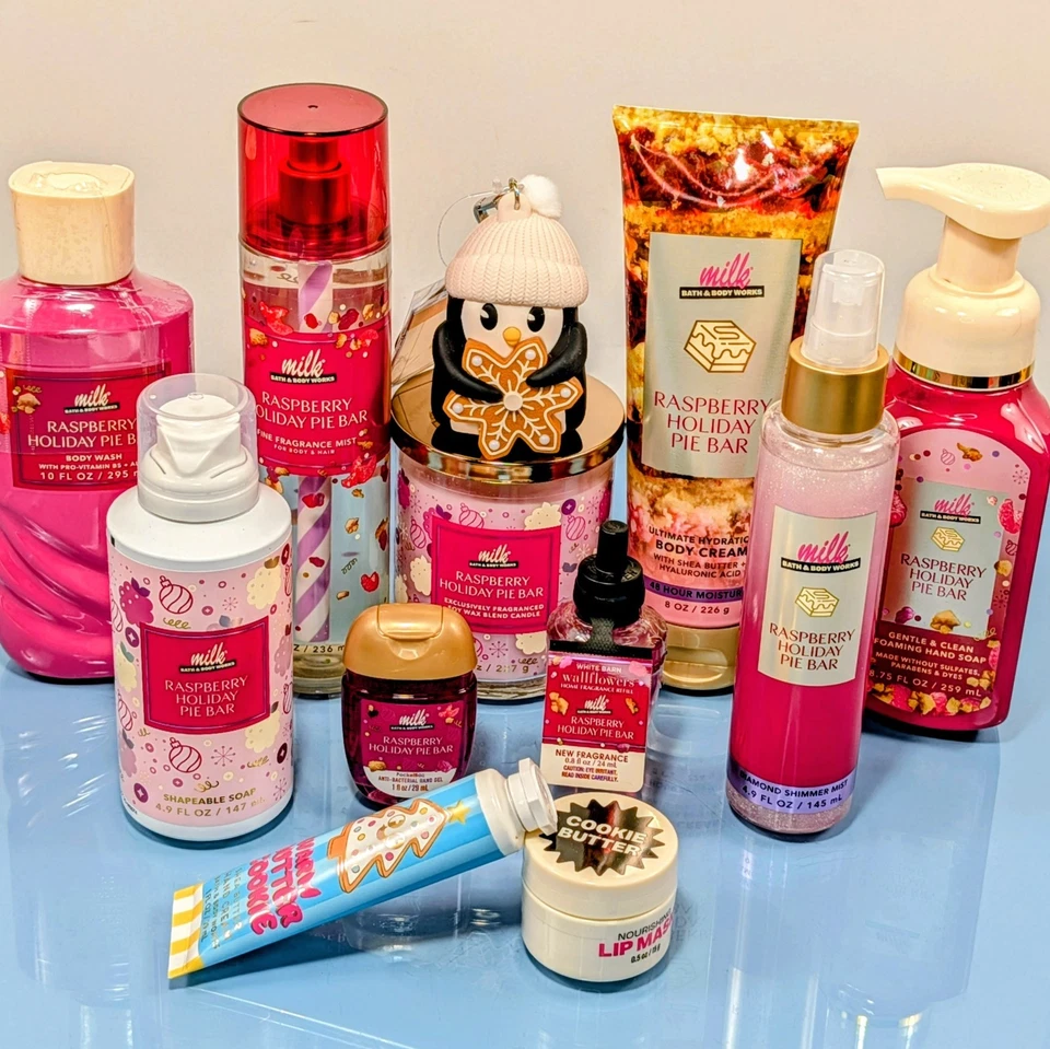 12 Pc Set MILK BAR Raspberry Holiday Pie Bar Mist Cream Candle Bath & Body Works - Image 1 of 4