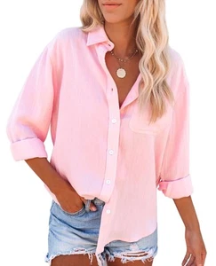 Womens Button Down Shirts Cotton Dress Shirts Long Sleeve Blouses V Neck Soli... - Picture 1 of 4