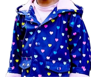 Hatley + Pottery Barn Kids Blue w/ Hearts Snap Front Terry-lined 3T Raincoat - Picture 1 of 7