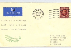 GB WALES Air Mail RAILWAY AIR SERVICES LAST FLIGHT 1934 Cardiff Liverpool XT119 - Picture 1 of 9