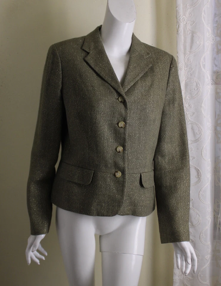 Ralph Lauren Sz 12 Green Gold Metallic Herringbone Jacket Blazer Linen L - Image 1 of 4