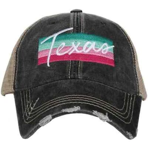 Texas Script on Striped Band Embroidered Black Distressed Trucker Hat - Picture 1 of 2