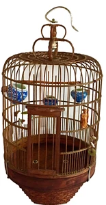 ASIAN BAMBOO/TEAK WOOD SLATED BIRD CAGE W/4 PORCELAIN FEED CUPS. ANTIQUE/VINTAGE - Picture 1 of 19