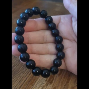 Pulsera Elastica de obsidiana natural negra brazaletes de la suerte unisex - Picture 1 of 6