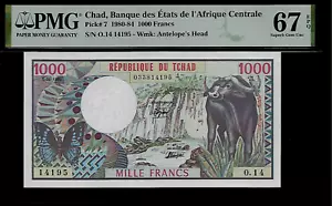 Ciad 1000 Franchi 1980-84 PMG 67 EPQ UNC P#7 Wmk: Testa di Antelope - Foto 1 di 4